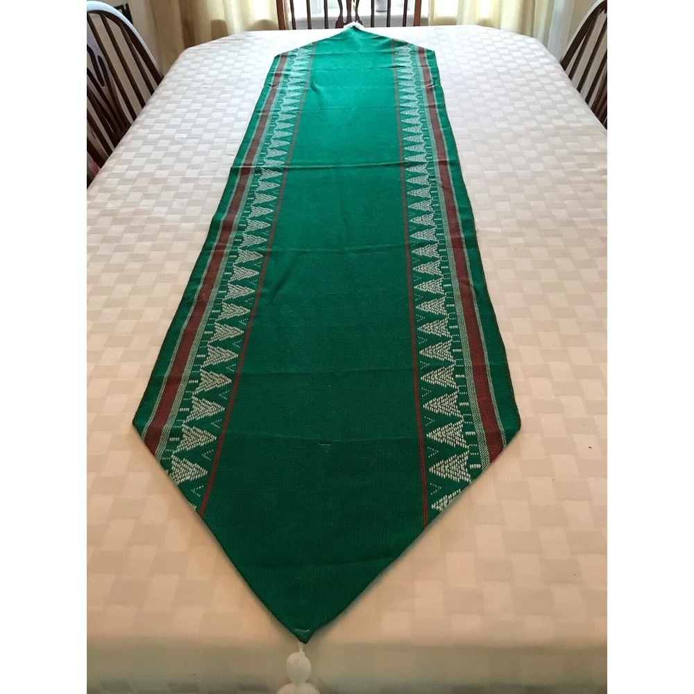 Christmas Holiday Table Runner Green 5'8" Long White Tassels Xmas Tree Pattern